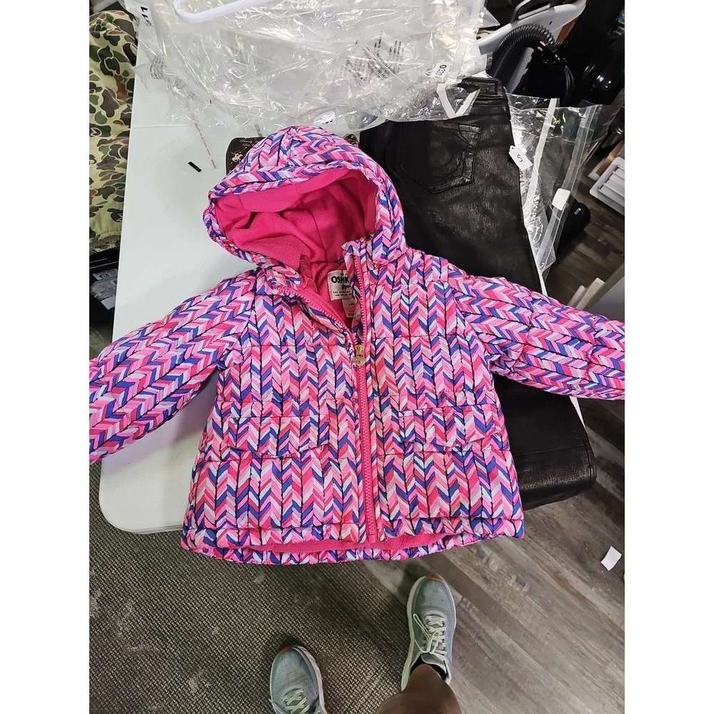 OshKosh Bgosh Girls Pink Blue Chevron‎ Fleece Lined Hooded Puffer Jacket 24M